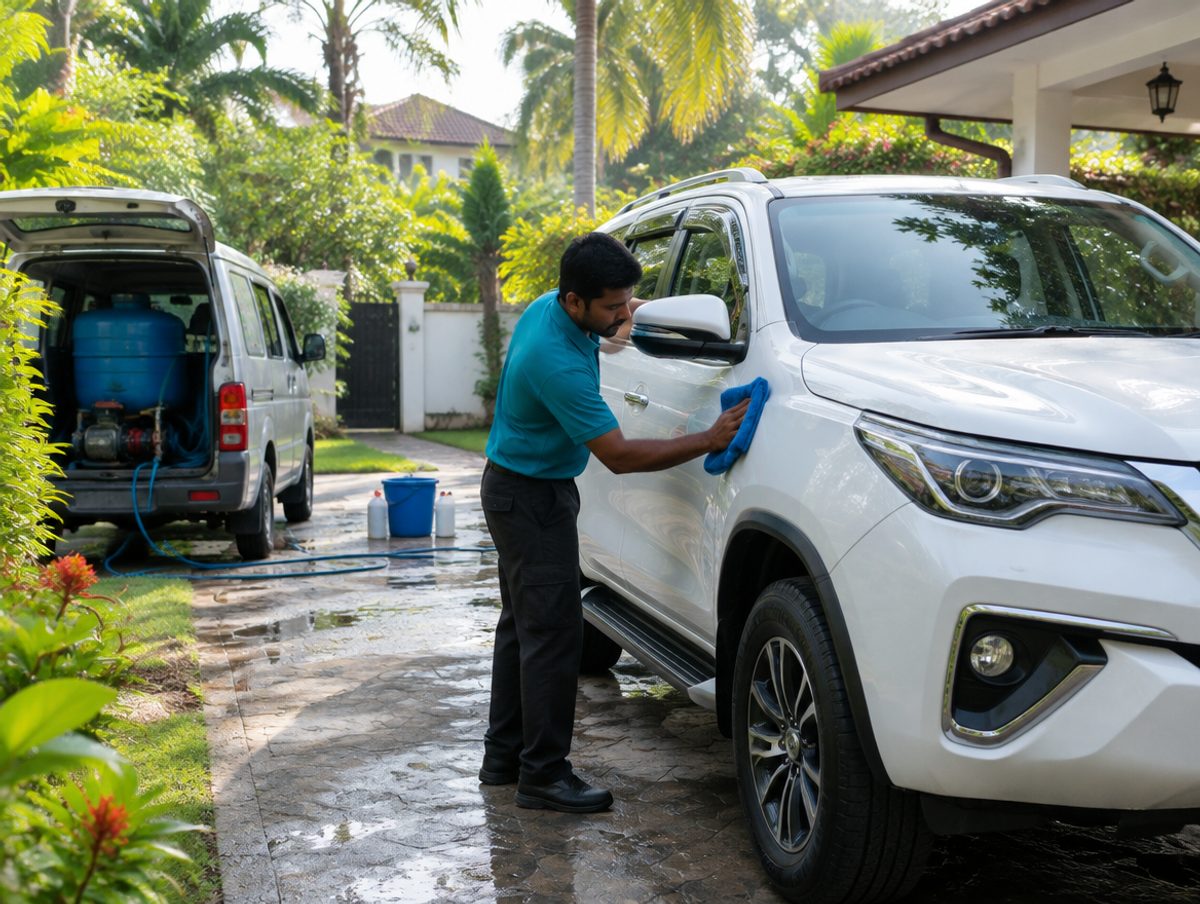 A Washify partner washing a car at a customer’s home
